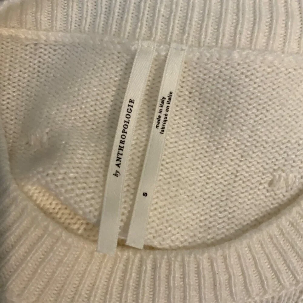 By Anthropologie White Wool Blend Short Sleeve Sweater W/ Pom Pom Nub, Size S - Picture 5 of 5